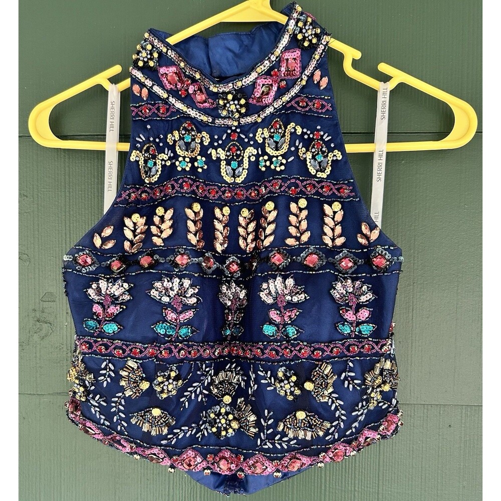 Sherri Hill Beaded Crop Top Halter Colorful Festival Rave Boho Size 8